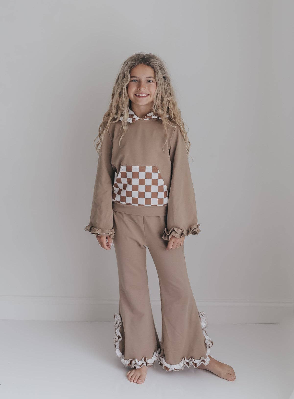Tan Checkered Hooded Ruffle Lounge Set