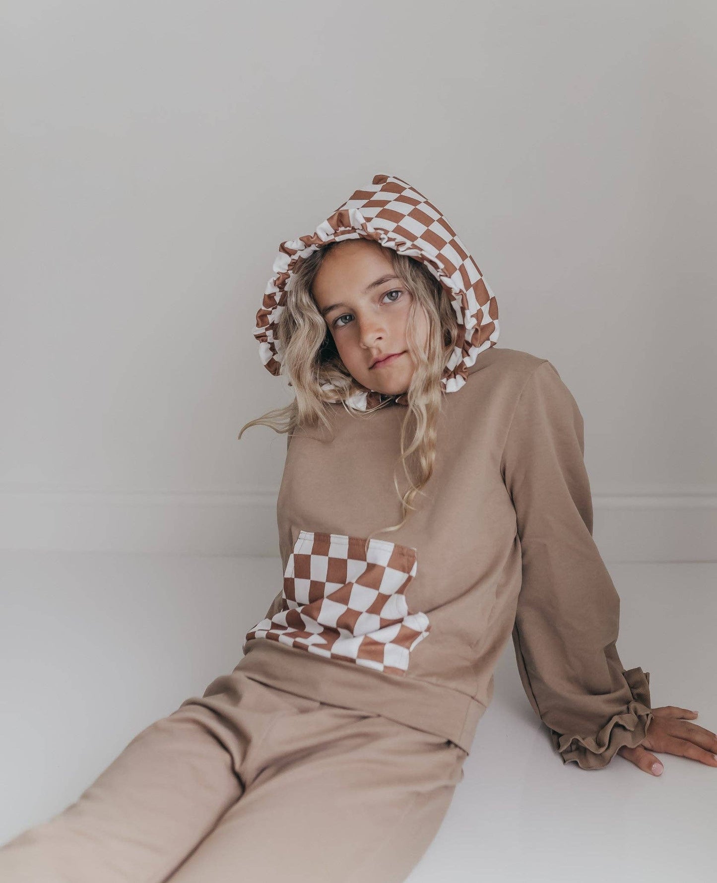 Tan Checkered Hooded Ruffle Lounge Set