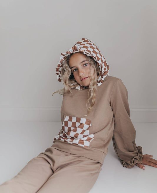 Tan Checkered Hooded Ruffle Lounge Set
