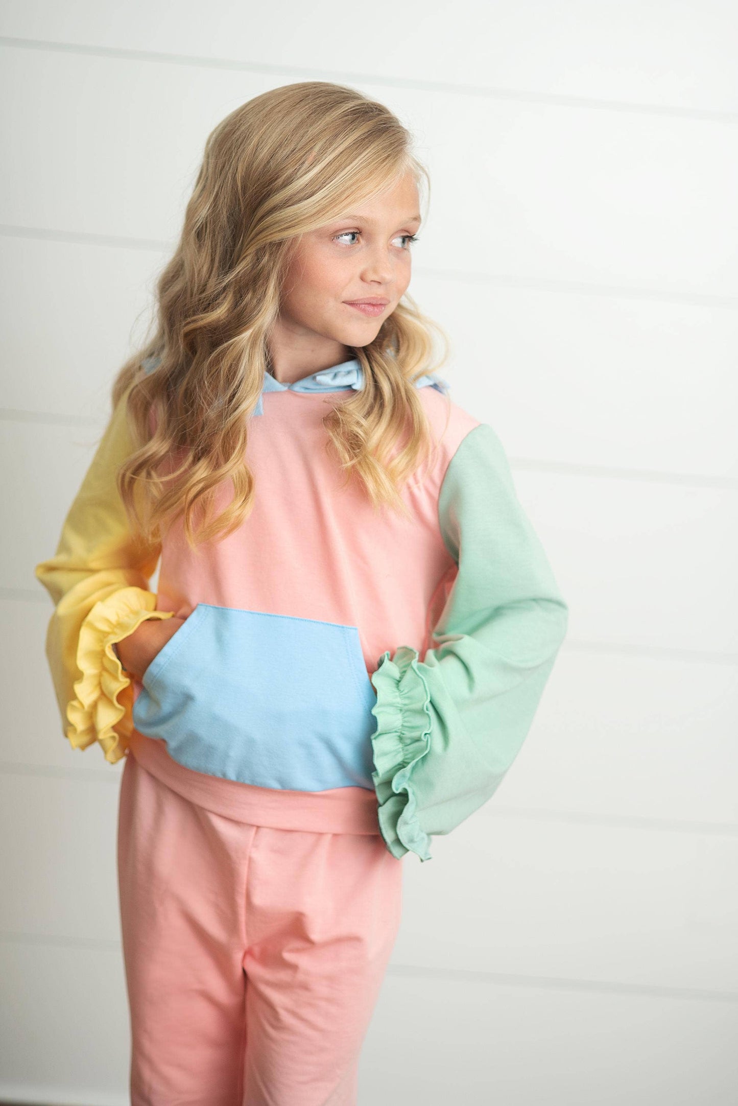 Pastel Color Block Hooded Ruffle Lounge Set
