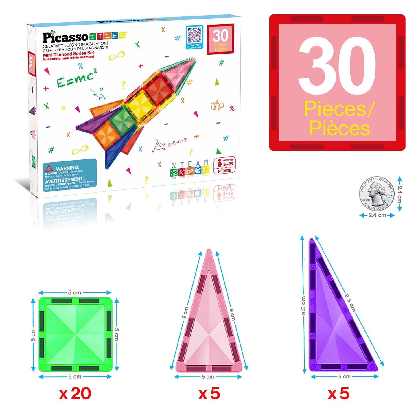 PicassoTiles 30pc Travel Size Magnetic Tile Building Set