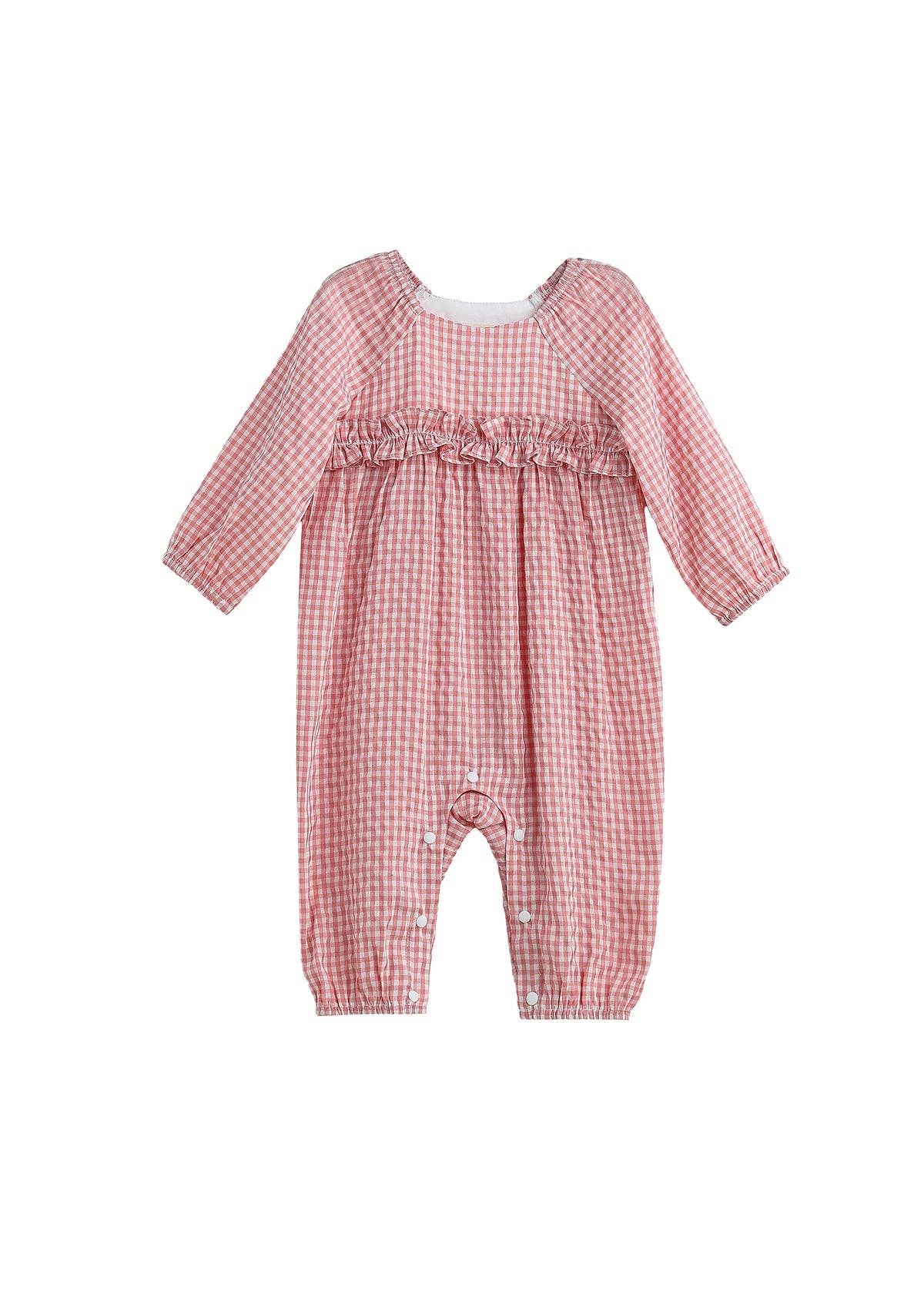 Rosie Posie Long Sleeve Gingham Check Ruffle Trim Romper