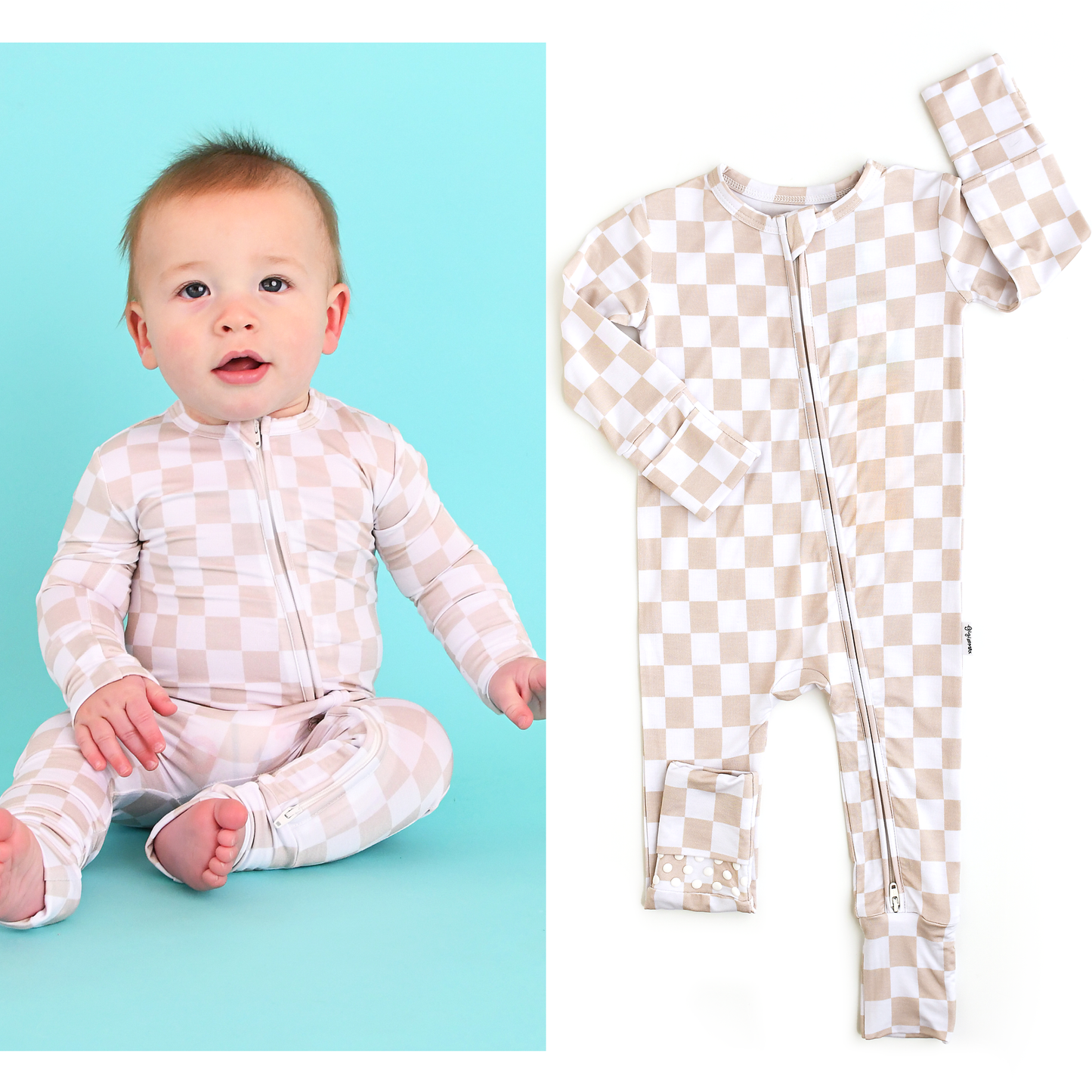 Checkered Footed Onesie Zip Bamboo