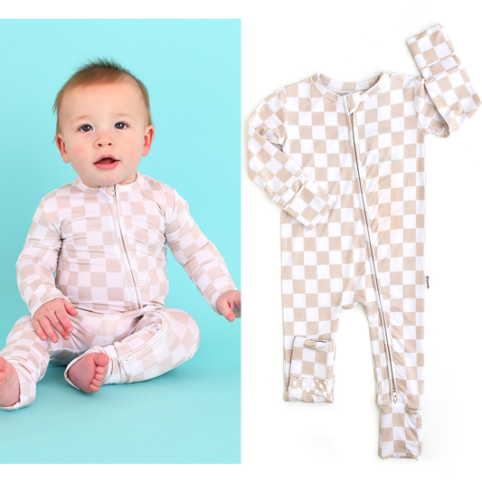 Checkered Footed Onesie Zip Bamboo