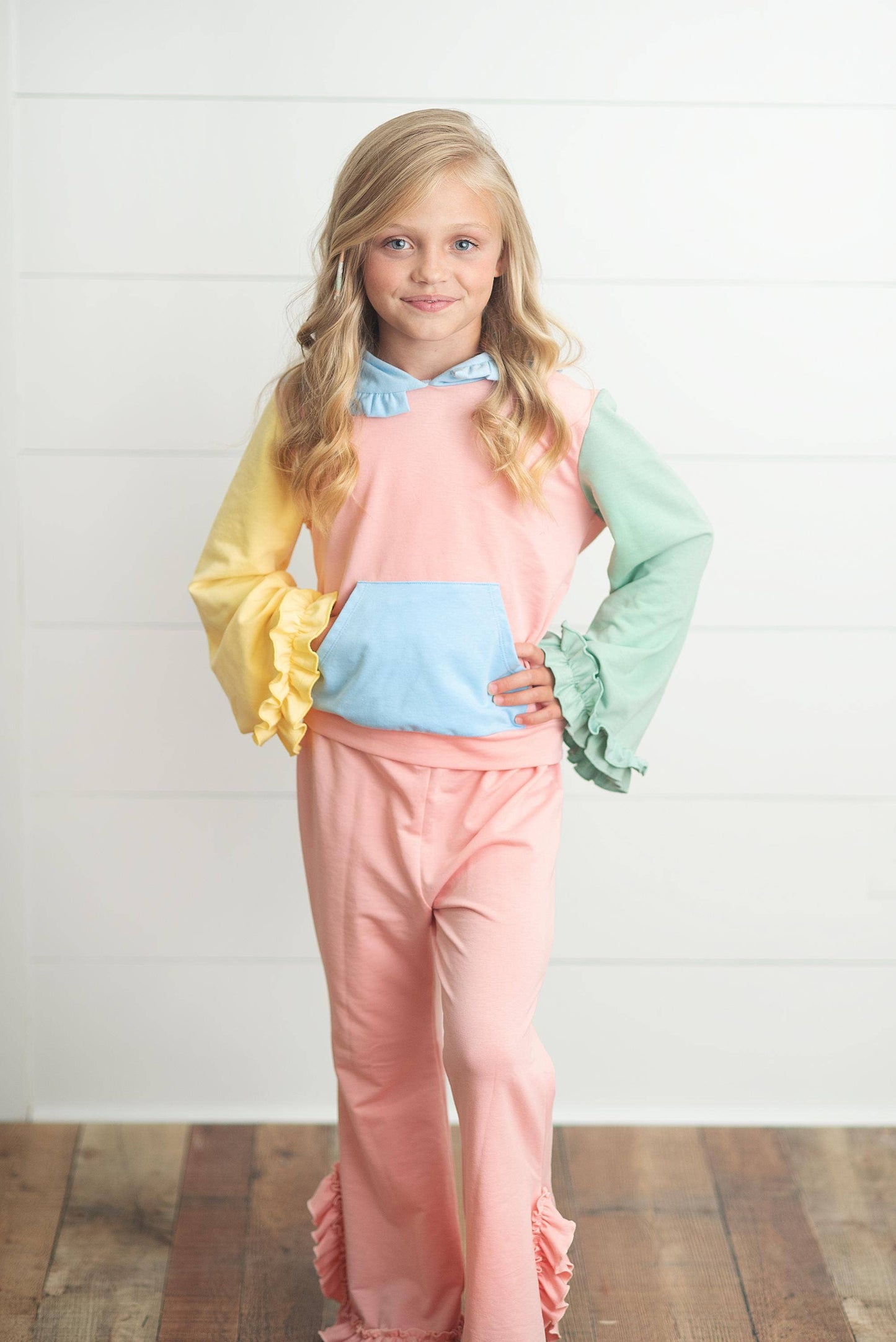 Pastel Color Block Hooded Ruffle Lounge Set