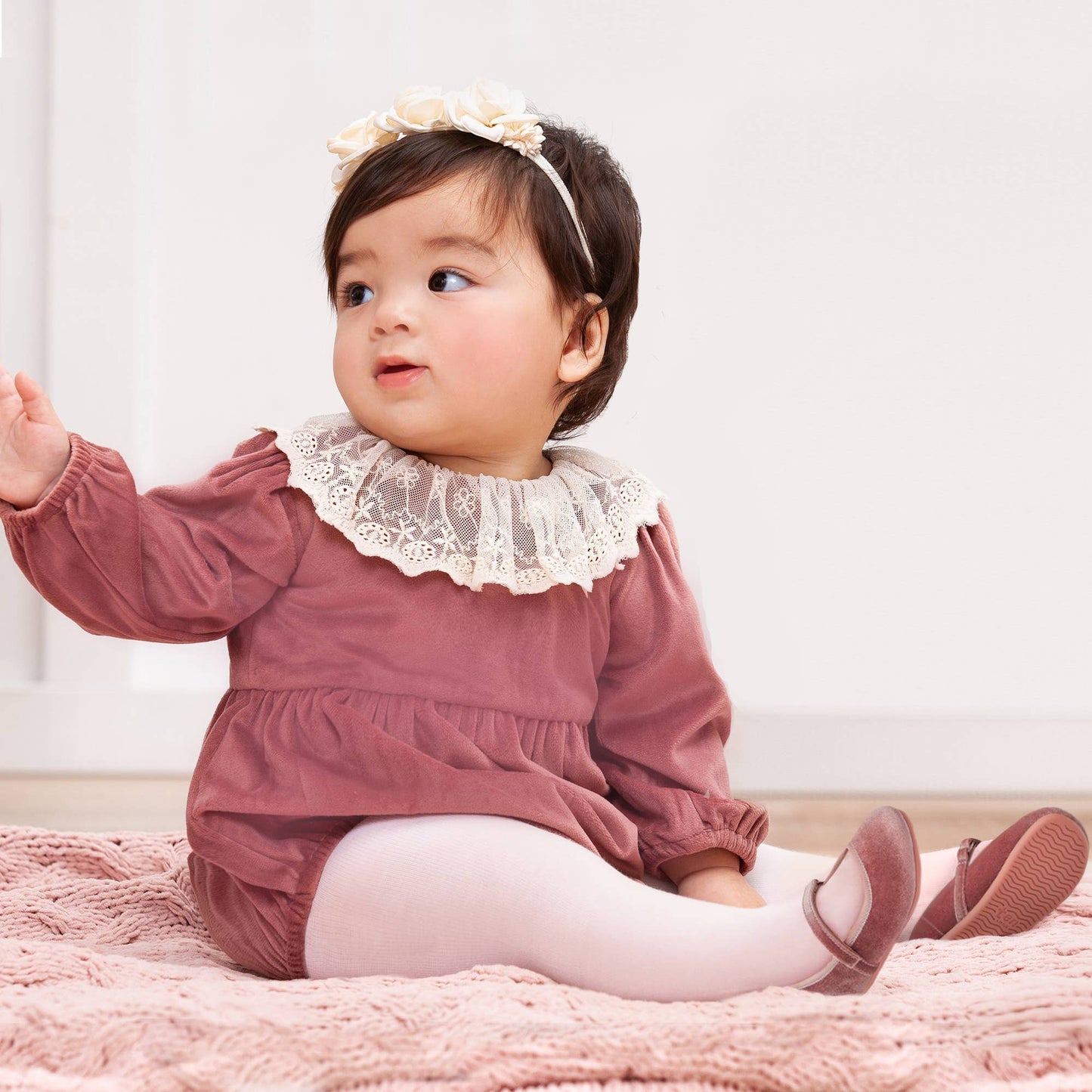 Mauve Velvet Baby Romper – Lace Collar Special Occasion