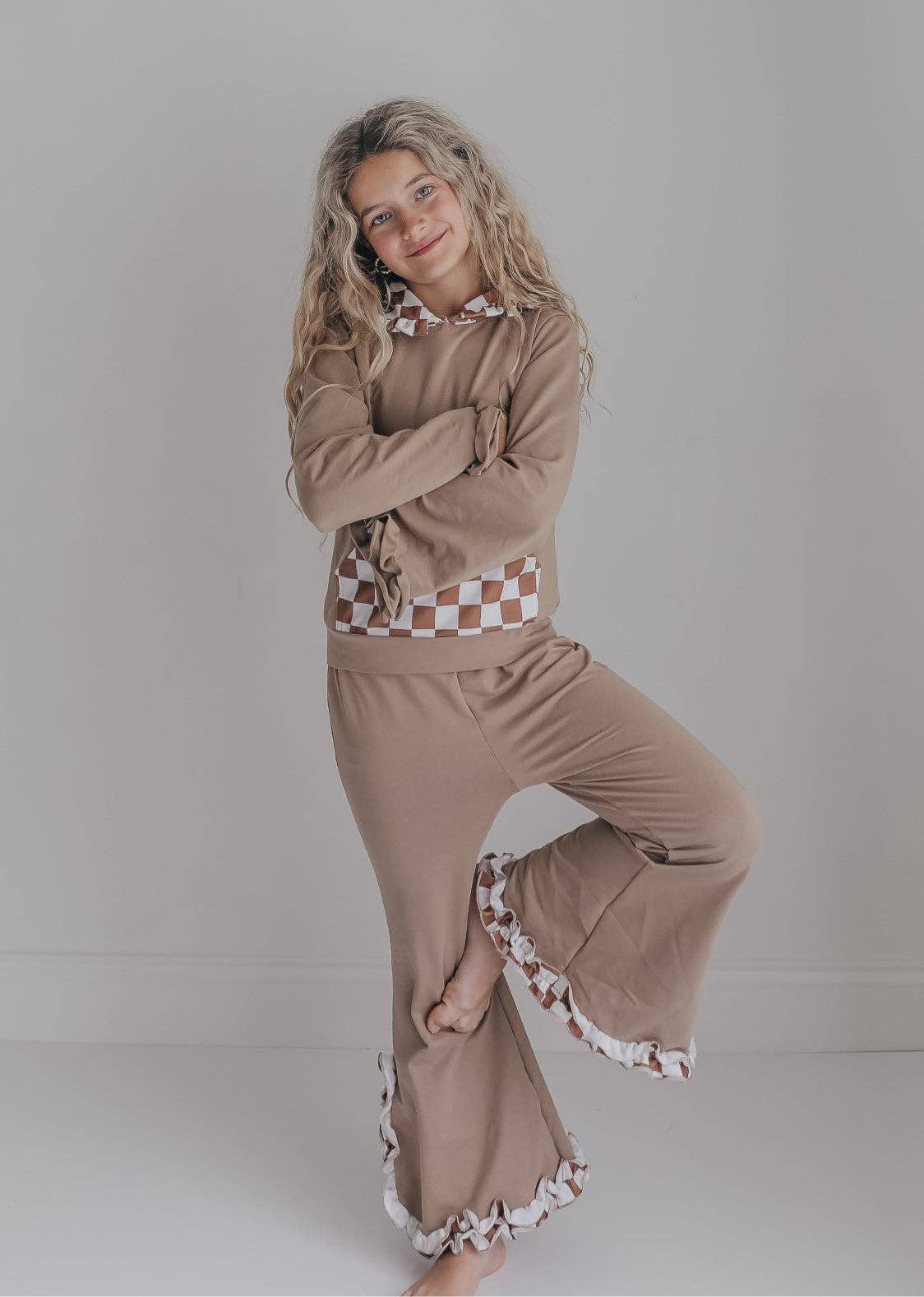 Tan Checkered Hooded Ruffle Lounge Set