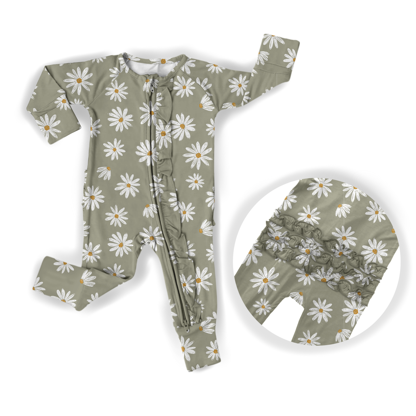 Sage Daisies Ruffle Baby Romper