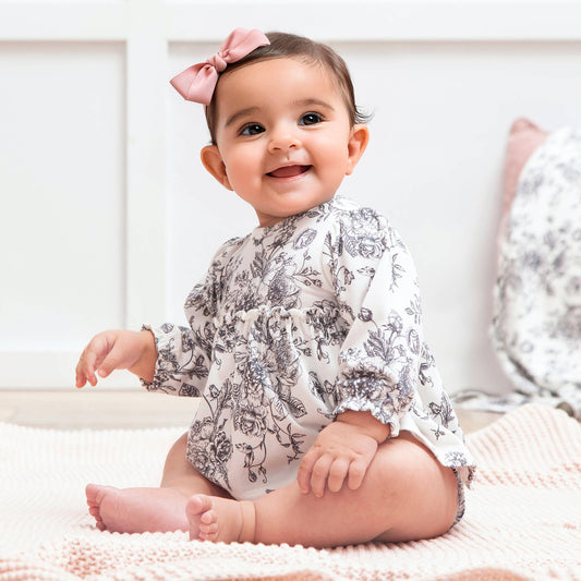 Baby Girls' Skirted Bodysuit – Grey Floral Bamboo Toile