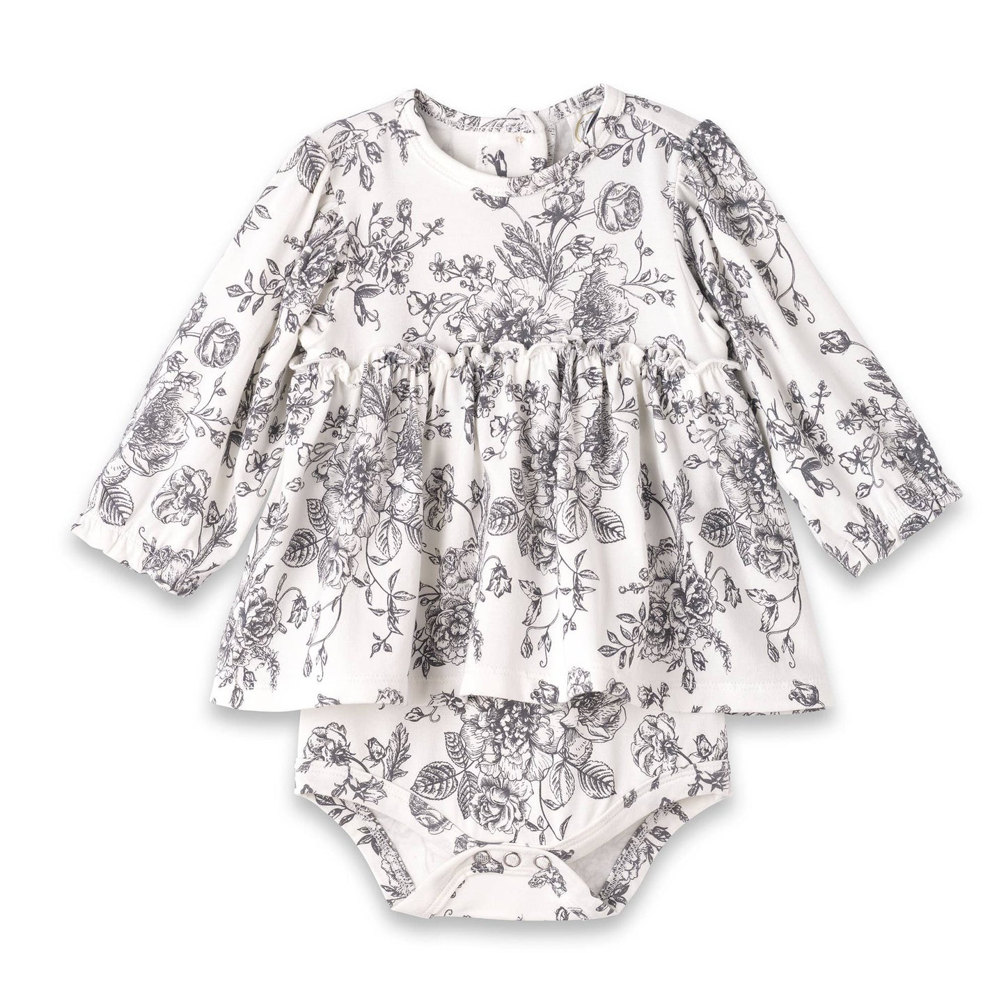 Baby Girls' Skirted Bodysuit – Grey Floral Bamboo Toile