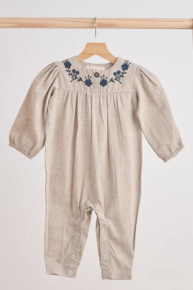 Grey Floral Embroidery Linen Romper
