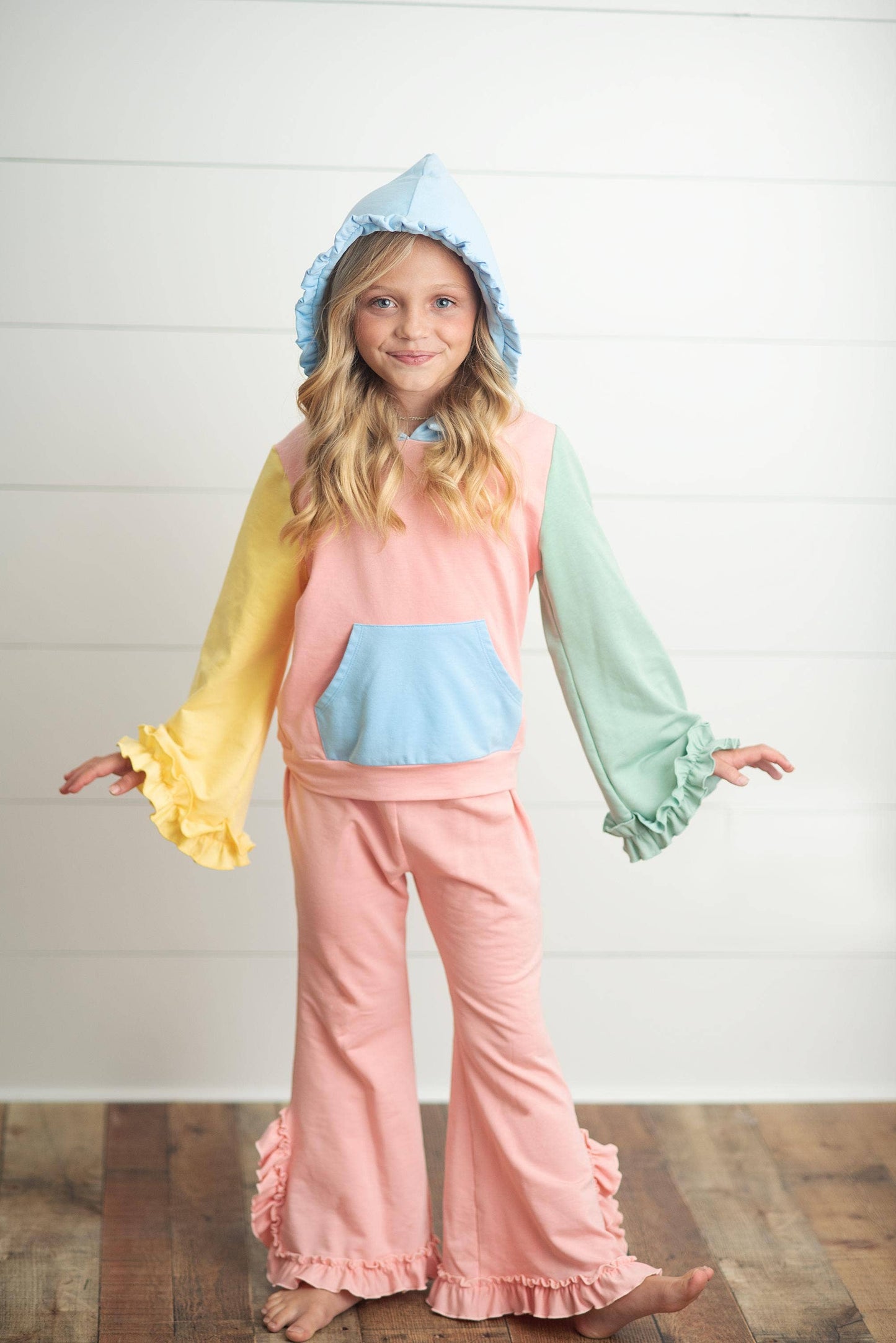 Pastel Color Block Hooded Ruffle Lounge Set