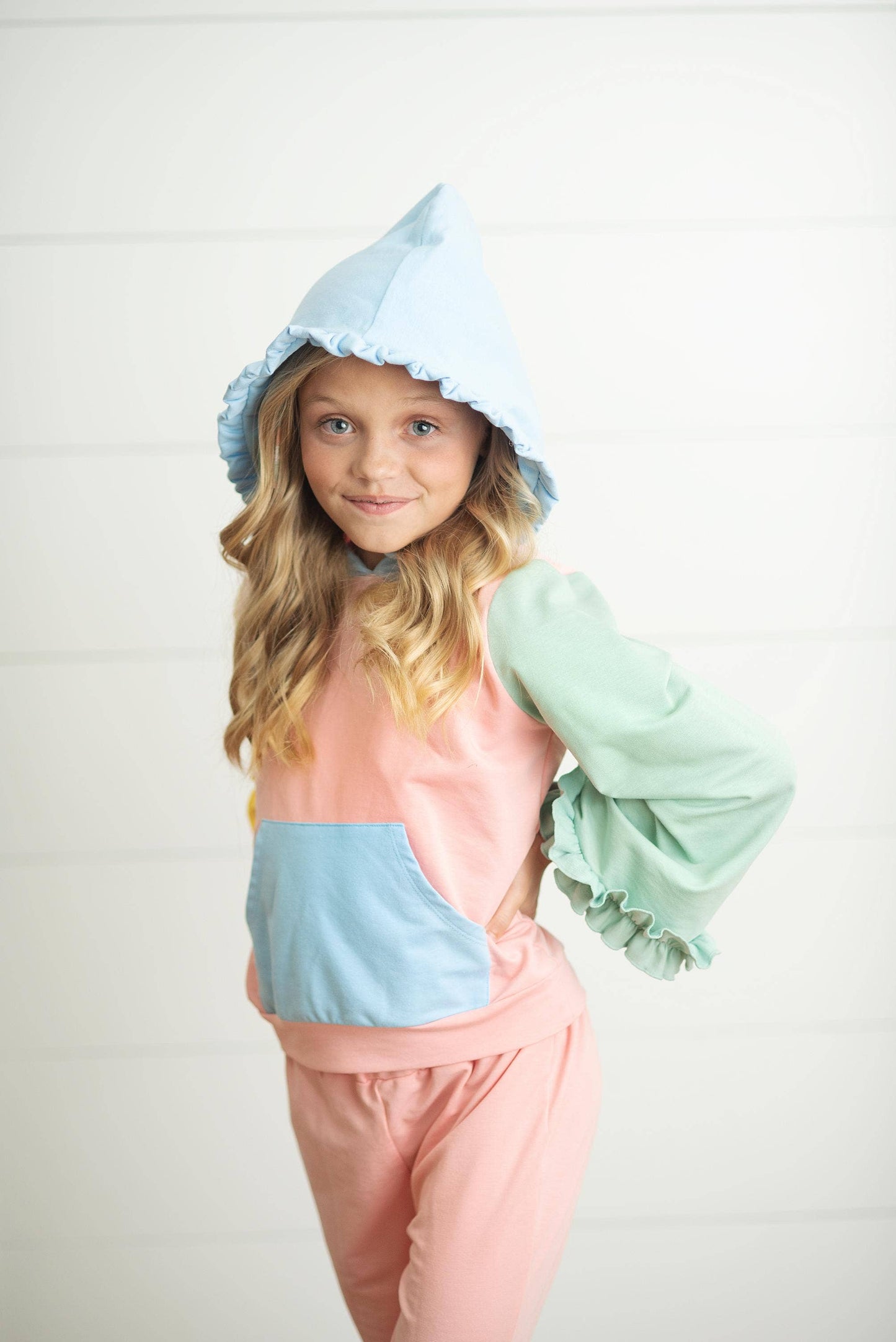 Pastel Color Block Hooded Ruffle Lounge Set