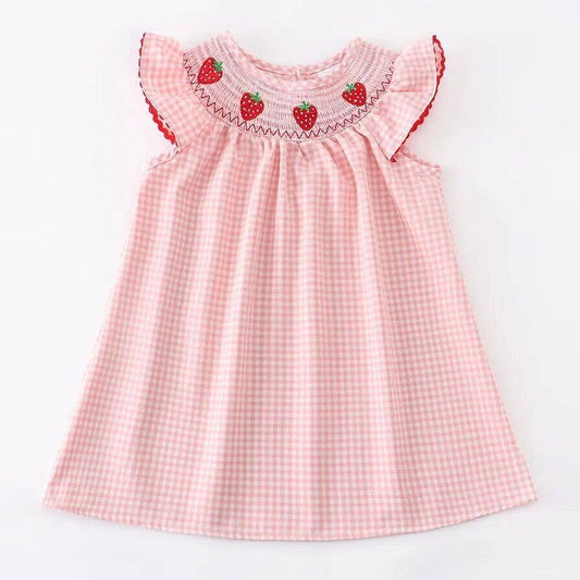 Girls Strawberry Embroidered Plaid Smocked Dress