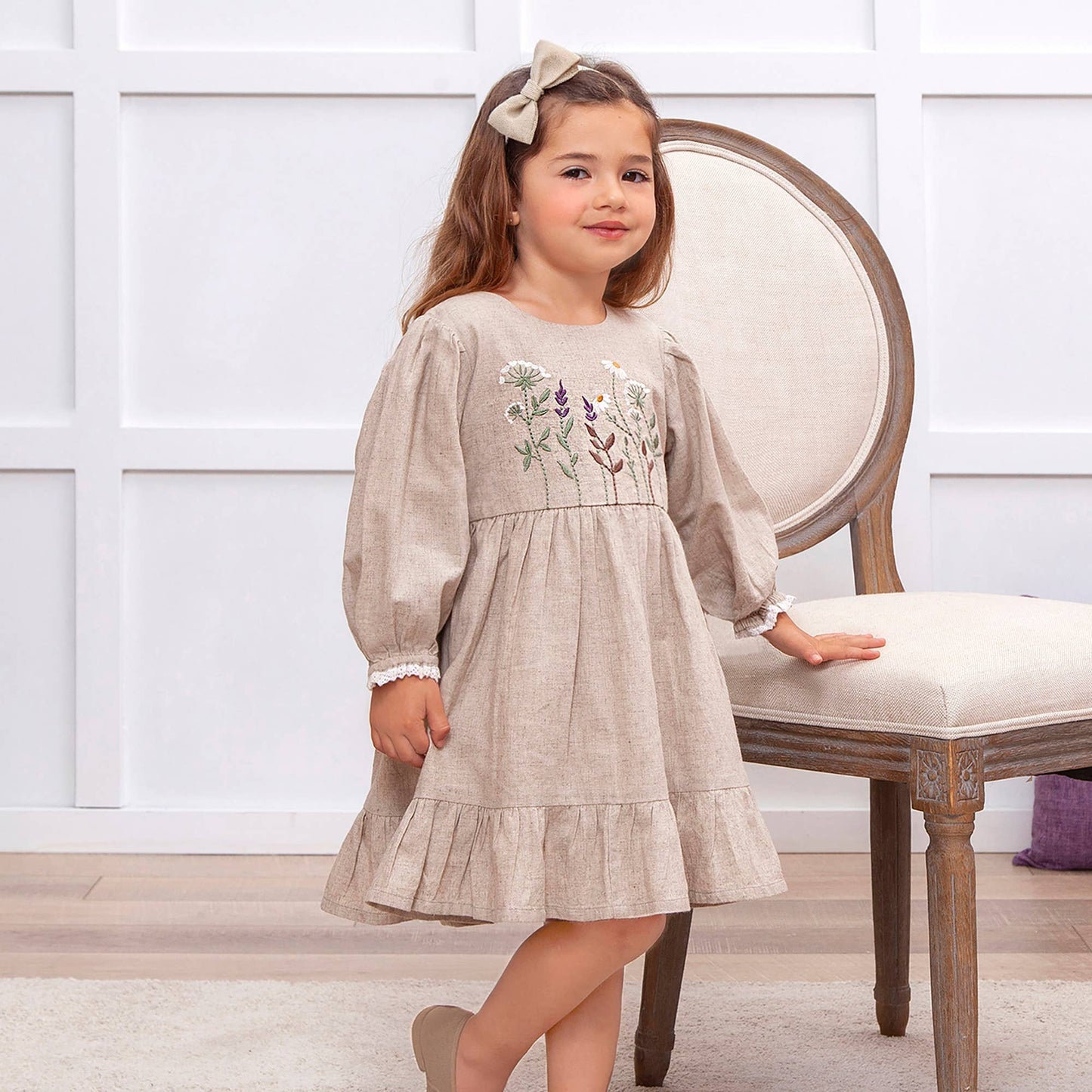 Embroidered Linen Girls Dress – Cotton Blend Heirloom Style