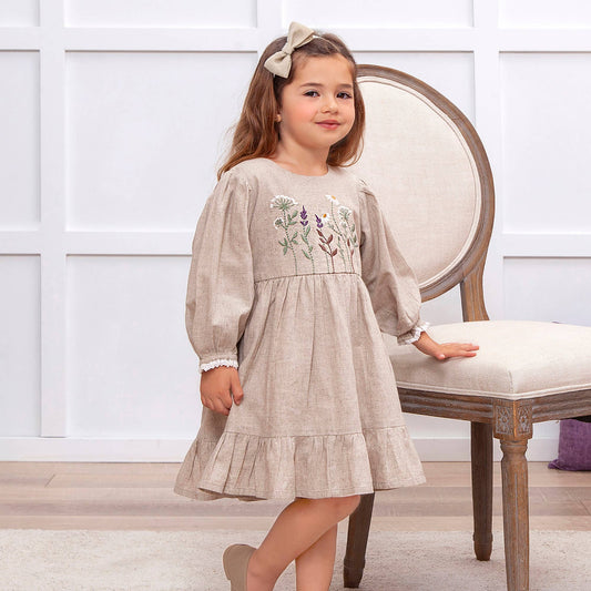 Embroidered Linen Girls Dress – Cotton Blend Heirloom Style