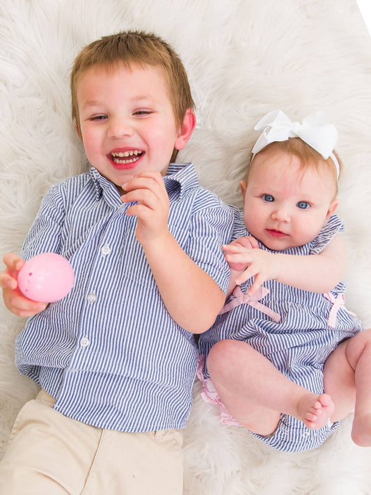 Boys Blue Seersucker Short Sleeve Button Down Shirt